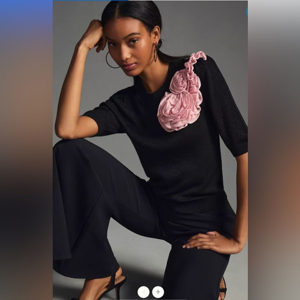 NEW Maeve Pink Floral Appliqué Black Short Sleeve Sweater Top
